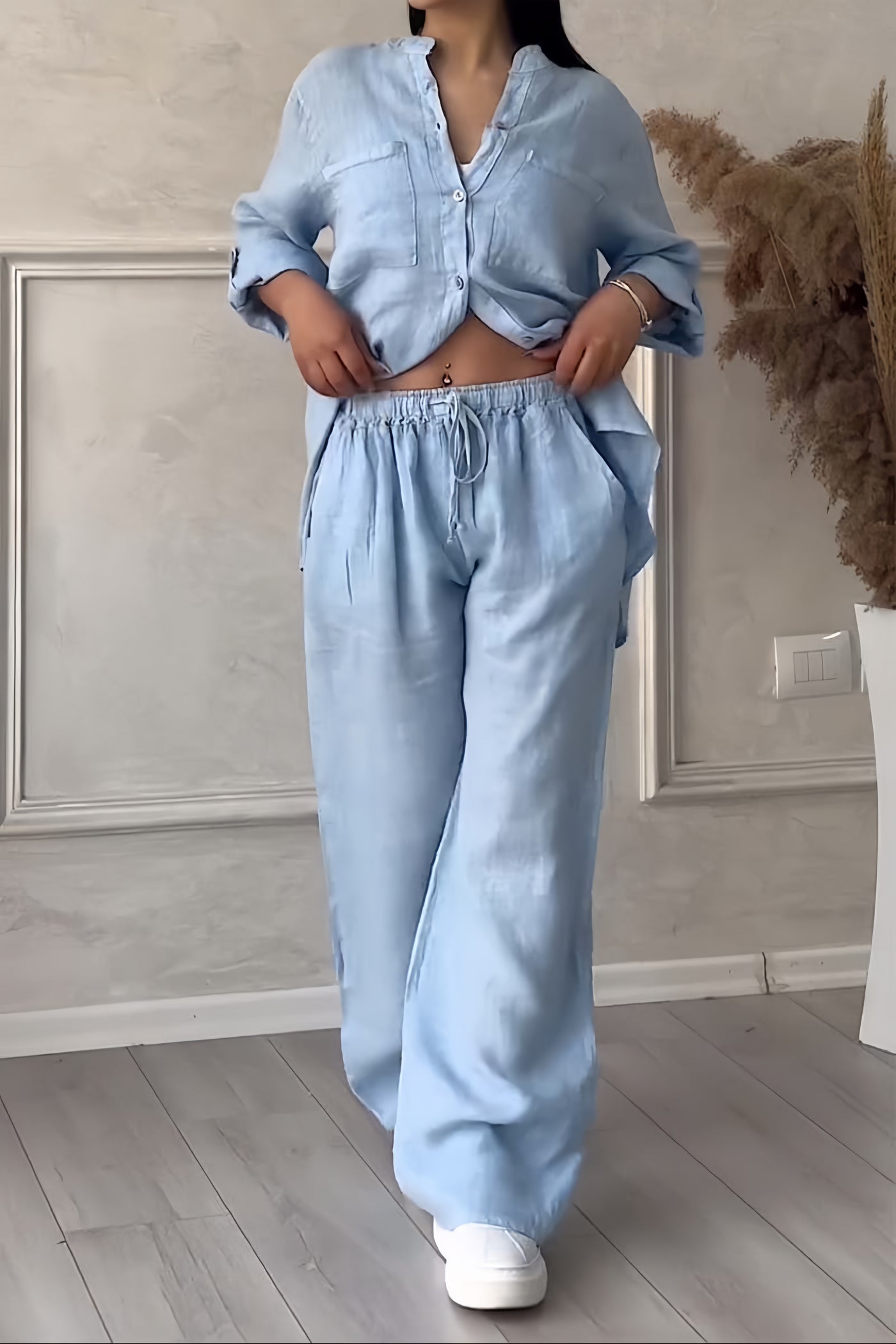 Variant image for Linnen Dames Set | Tweedelige Set met Button-Down Shirt en Brede Pijpenbroek - Ademend en Ontspannen Fit-25