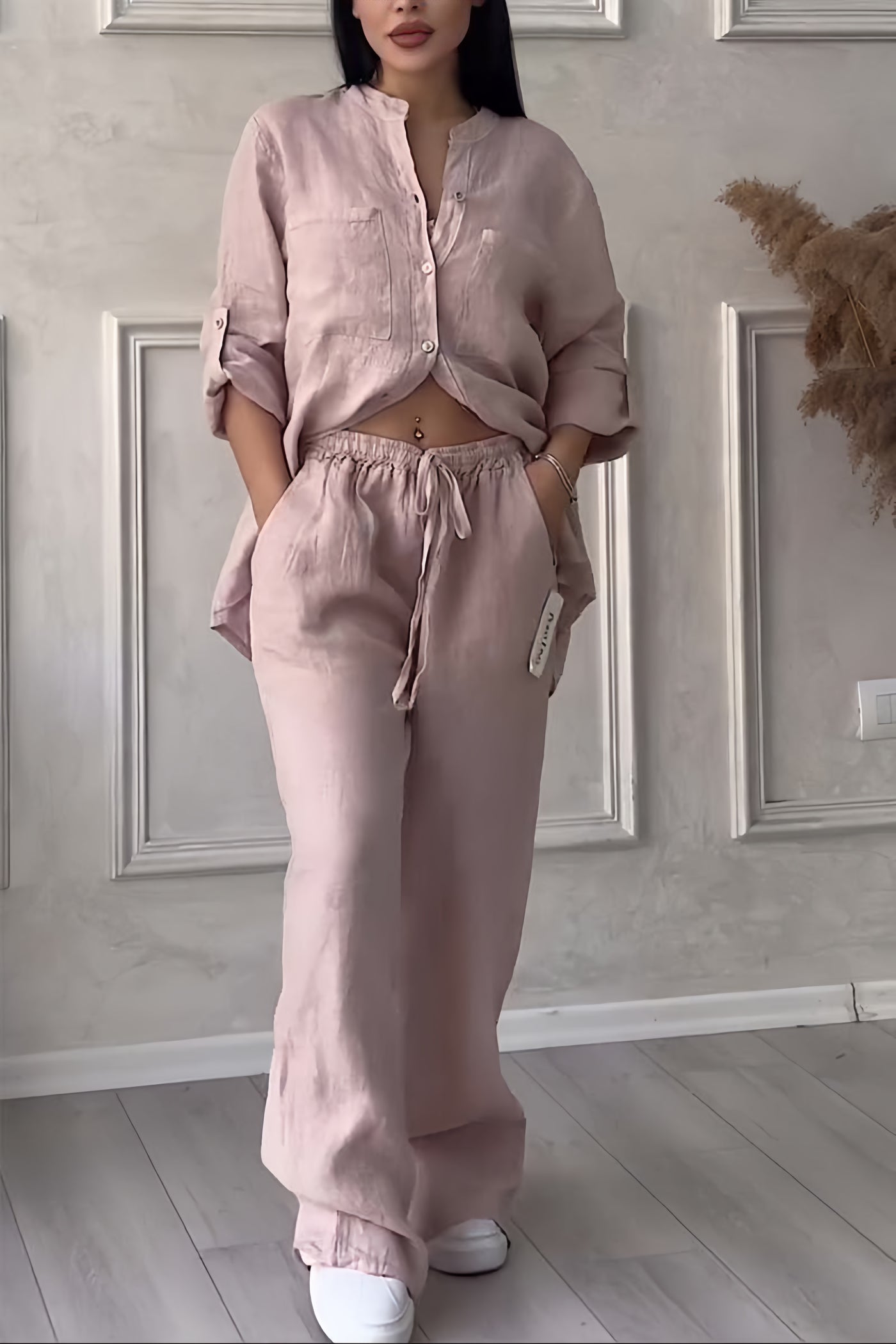 Linnen Dames Set | Tweedelige Set met Button-Down Shirt en Brede Pijpenbroek - Ademend en Ontspannen Fit-3