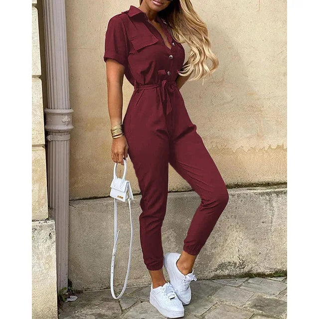 Variant image for Elegante Dames Jumpsuit Kort met Korte Mouwen en Taps Toelopende Benen | Ademend Zwart Jumpsuit-49