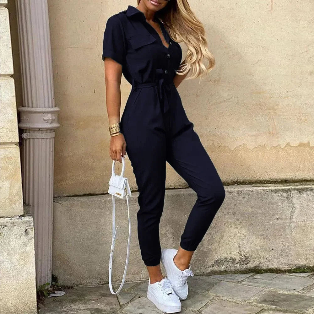 Variant image for Elegante Dames Jumpsuit Kort met Korte Mouwen en Taps Toelopende Benen | Ademend Zwart Jumpsuit-55