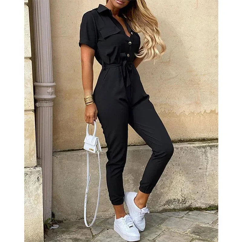 Variant image for Elegante Dames Jumpsuit Kort met Korte Mouwen en Taps Toelopende Benen | Ademend Zwart Jumpsuit-25