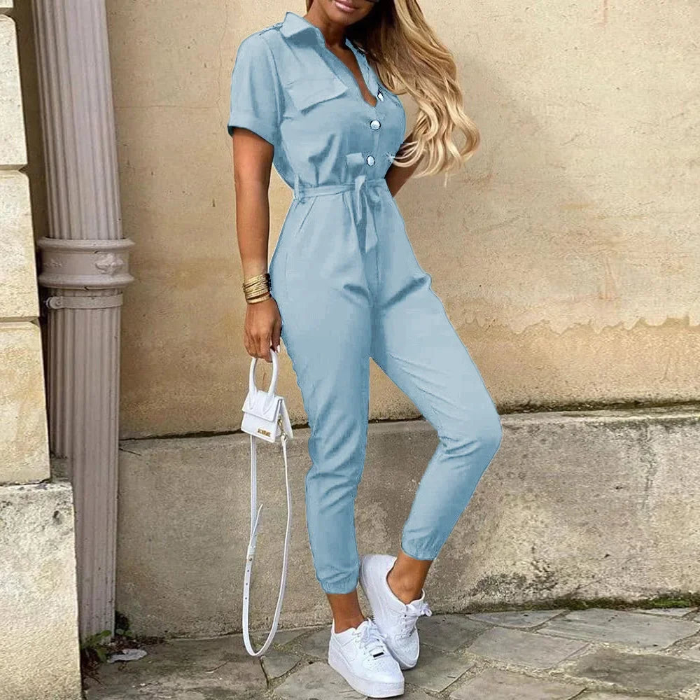 Variant image for Elegante Dames Jumpsuit Kort met Korte Mouwen en Taps Toelopende Benen | Ademend Zwart Jumpsuit-8