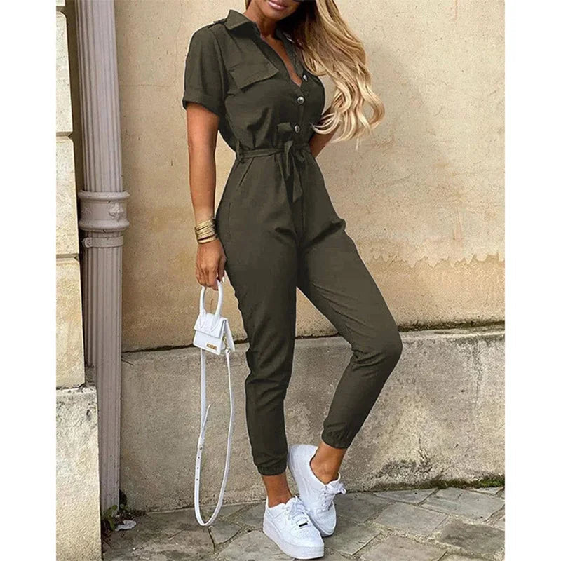 Variant image for Elegante Dames Jumpsuit Kort met Korte Mouwen en Taps Toelopende Benen | Ademend Zwart Jumpsuit-31
