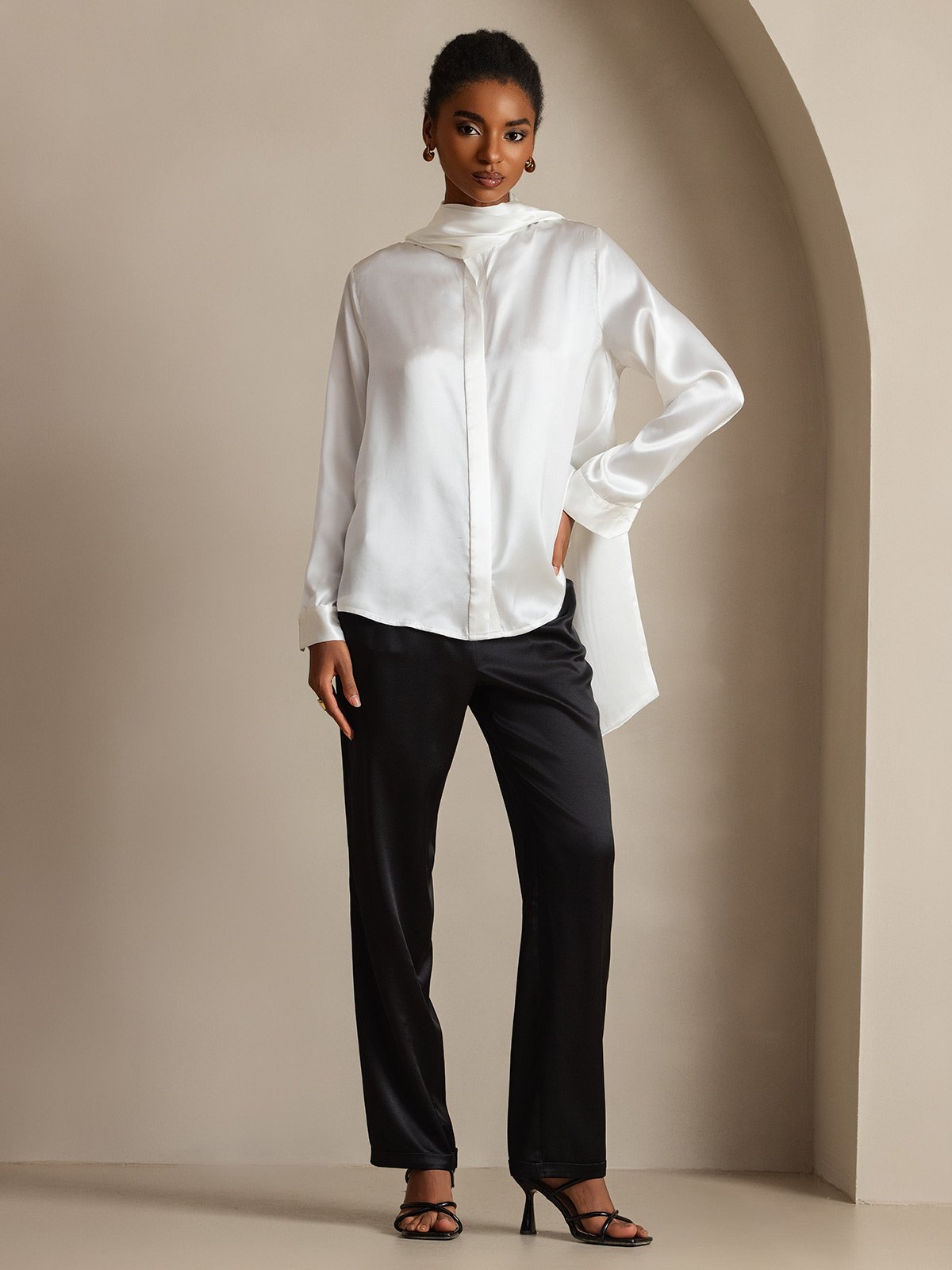 Elegante Witte Blouse Dames met Lange Mouwen en Strikdesign | 95% Moerbeizijde, Perfect voor Casual Gelegenheden-6
