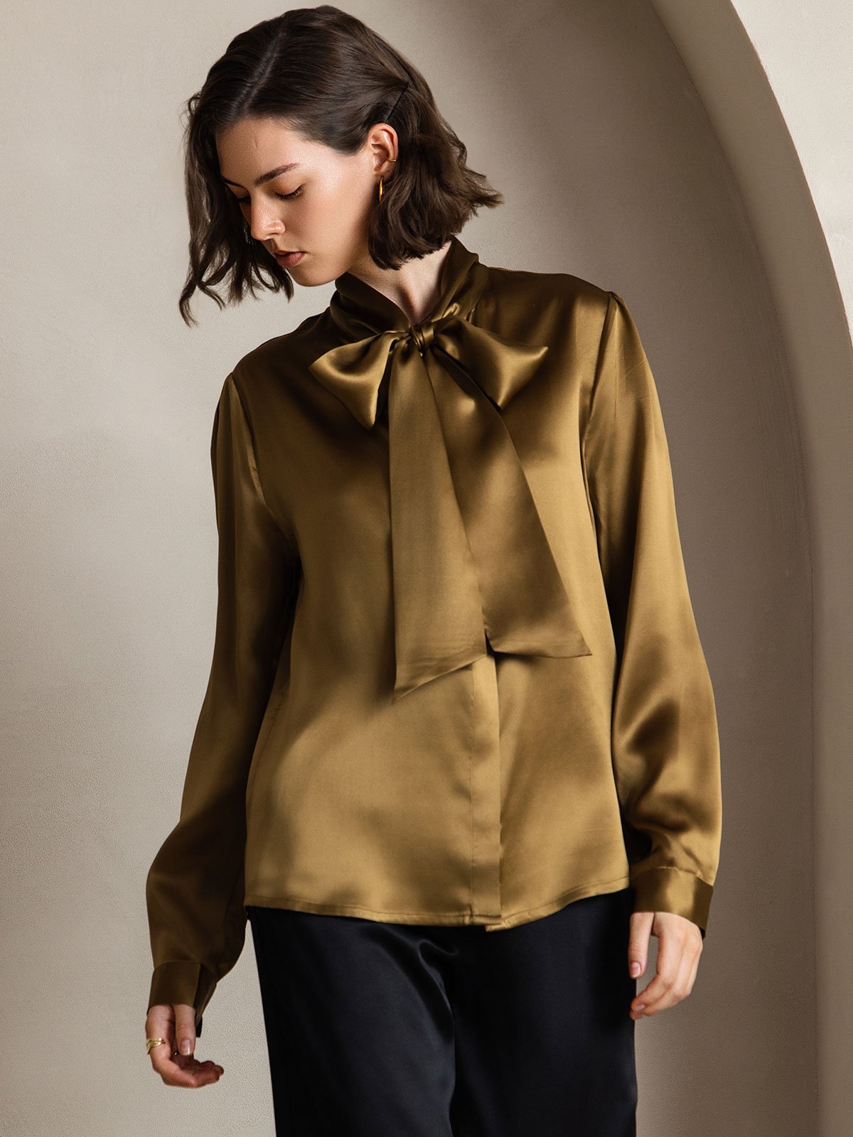Variant image for Elegante Witte Blouse Dames van 19 Momme Zijden met Lange Mouwen – Chique Strikdetail voor Casual Gelegenheden-5