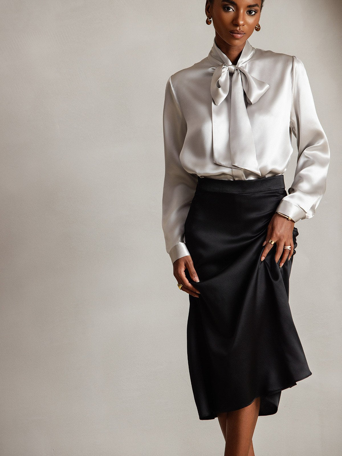 Variant image for Elegante Witte Blouse Dames van 19 Momme Zijden met Lange Mouwen – Chique Strikdetail voor Casual Gelegenheden-33
