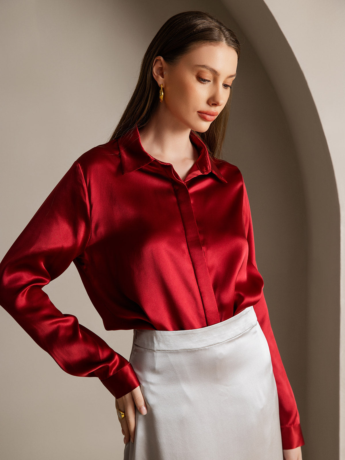 Variant image for Elegante Dames Shirt van 19 Momme Moerbeizijde – Lange Mouwen Tops Dames in Diverse Kleuren-9