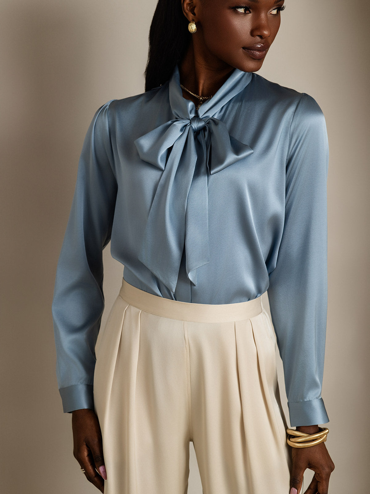 Elegante Witte Blouse Dames van 19 Momme Zijden met Lange Mouwen – Chique Strikdetail voor Casual Gelegenheden-3