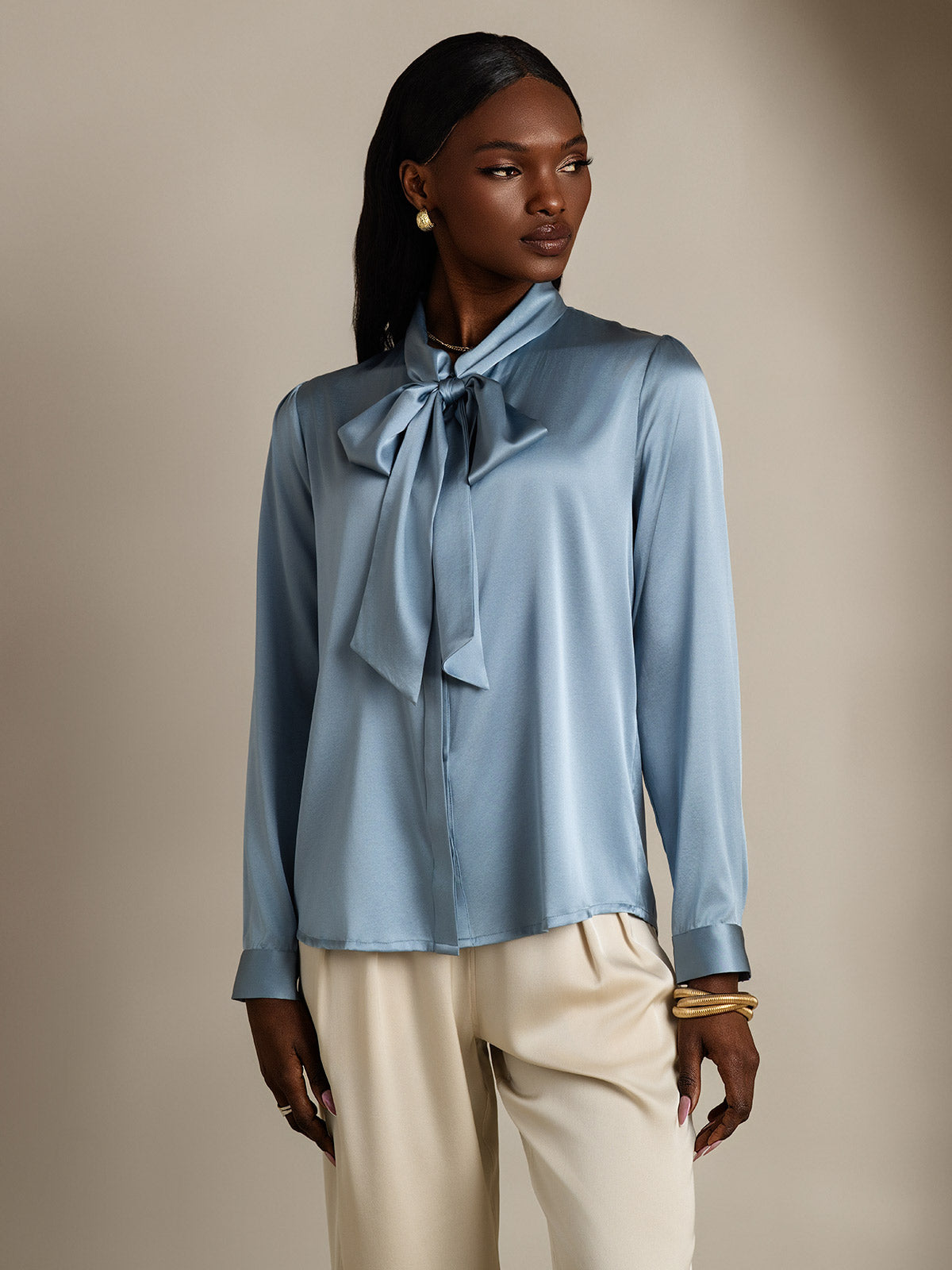 Elegante Witte Blouse Dames van 19 Momme Zijden met Lange Mouwen – Chique Strikdetail voor Casual Gelegenheden-6
