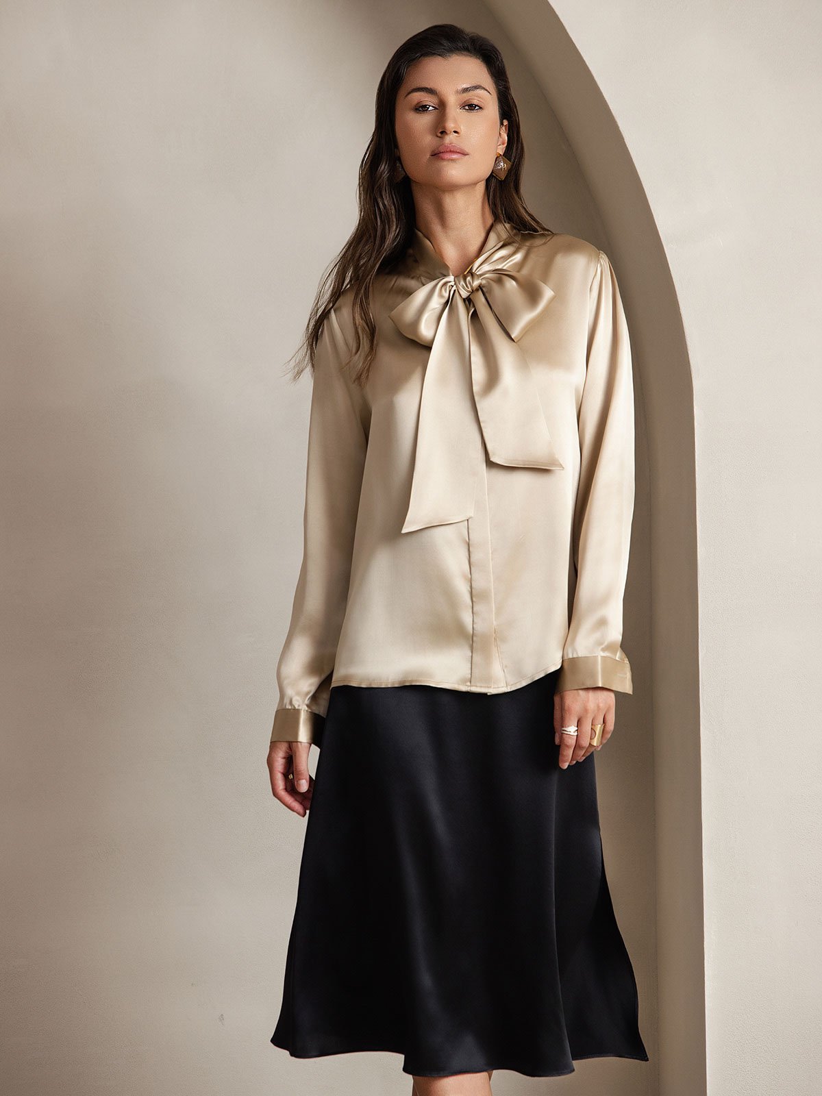 Variant image for Elegante Witte Blouse Dames van 19 Momme Zijden met Lange Mouwen – Chique Strikdetail voor Casual Gelegenheden-29