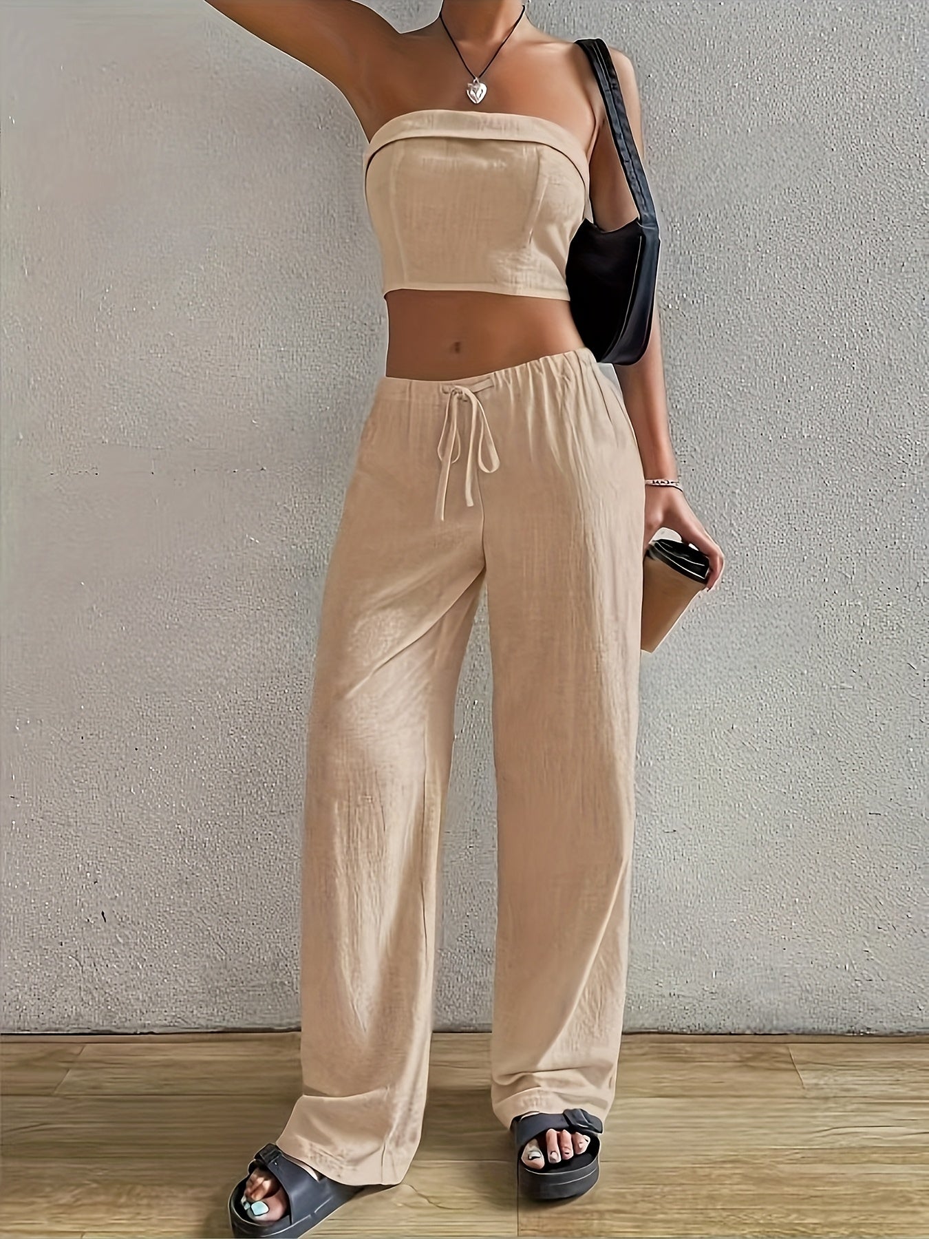 Chique Tweedelige Set Dames | Strapless Crop Top en Hoge Taille Brede Pantalon in Ademend Linnenmix-3