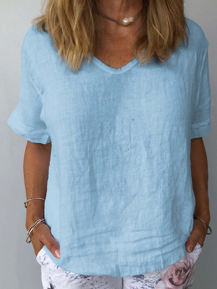 Variant image for Elegante Dameslinnen Blouse met V-hals en Korte Mouwen | Ademend, Losse Fit voor Casual Lente/Zomer Style-1