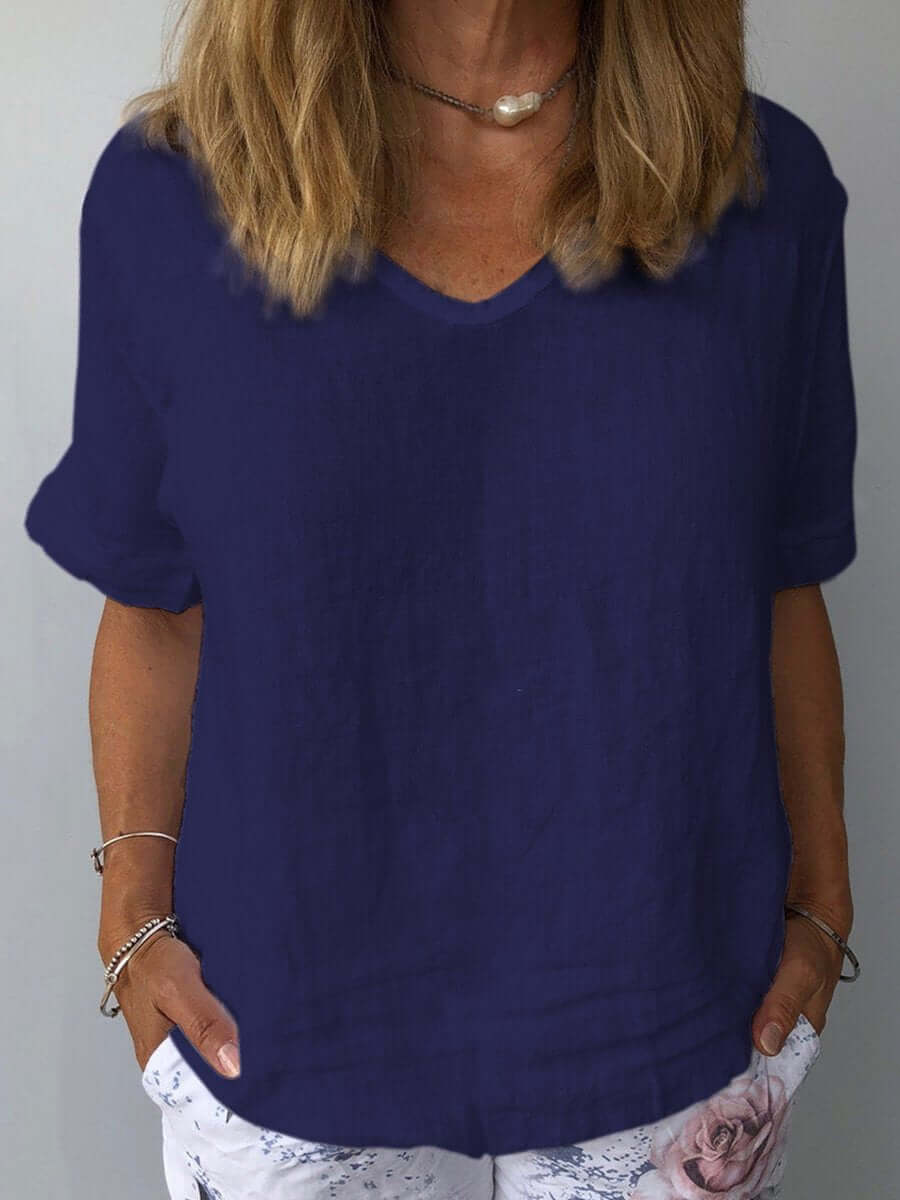 Elegante Dameslinnen Blouse met V-hals en Korte Mouwen | Ademend, Losse Fit voor Casual Lente/Zomer Style-4