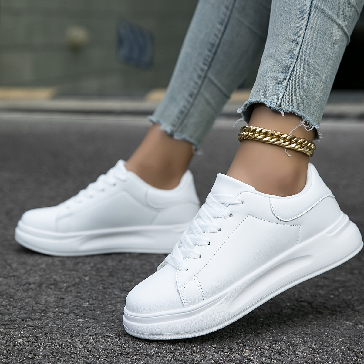 Elegante Witte Sneakers Dames van Hoogwaardig Leer met Gewatteerde Hak | Casual Low-Top Schoenen-3