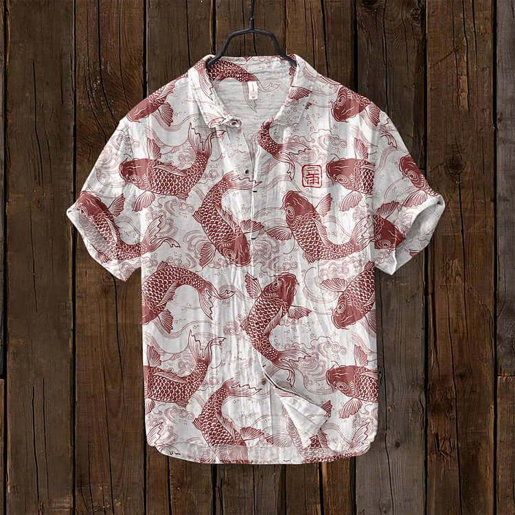 Variant image for Stijlvol Koi Fish Print Heren Shirt met Mandarijnkraag | Ademend Katoen-Linnenmix voor Lente/Zomer-10