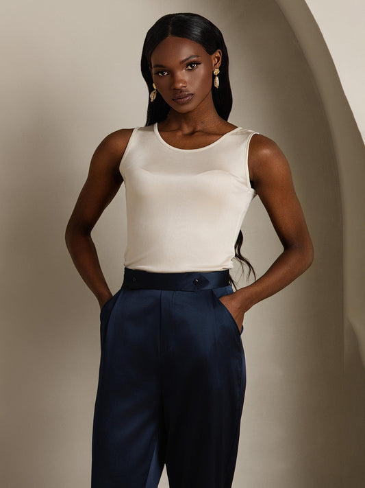 Luxe Zijde Tanktop Dames | Mouwloze Top met Ronde Hals, Beschikbaar in Beige, Zwart, Grijs en Roze-1