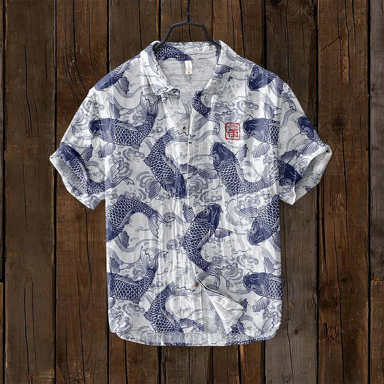 Variant image for Stijlvol Koi Fish Print Heren Shirt met Mandarijnkraag | Ademend Katoen-Linnenmix voor Lente/Zomer-12