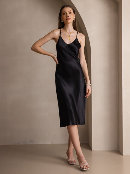 Variant image for Elegante Zijden Jurk met Spaghettibandjes en Kruisrug – 100% Moerbeizijde in Karamel, Zwart, Grijsachtig Blauw-5