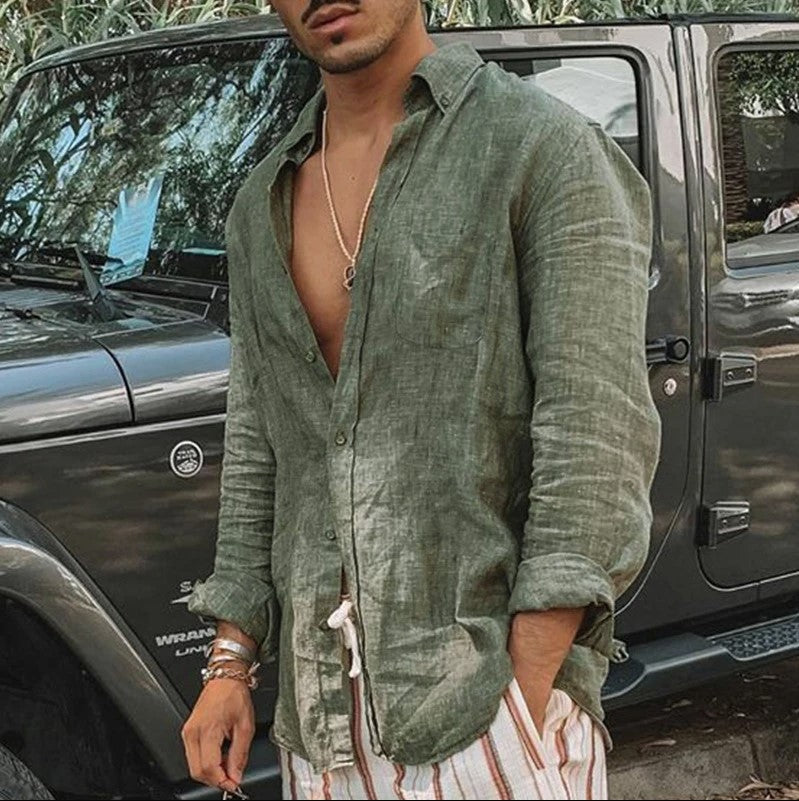 Casual Katoenen Linnen Shirt Heren | Lange Mouwen, Ontspannen Pasvorm, Knoopsluiting, Ademend, Ideaal voor Zomer-4