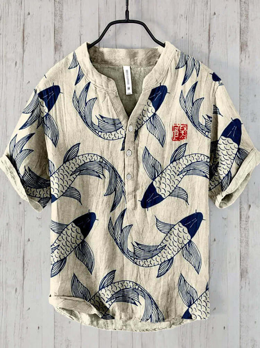 Stijlvol Koi Fish Print Heren Shirt met Mandarijnkraag | Ademend Katoen-Linnenmix voor Lente/Zomer-1