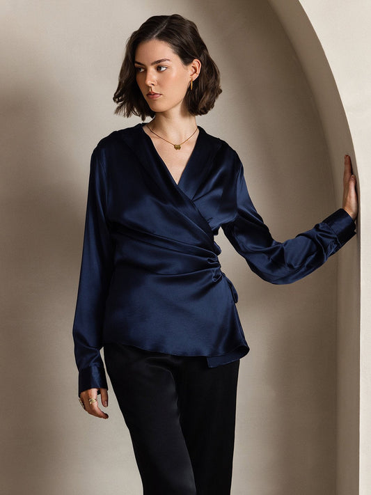 Elegante Lange Blouse Dames van 19 Momme Zijden met V-hals en Strikdetail – Donkerblauw en Champagne-1