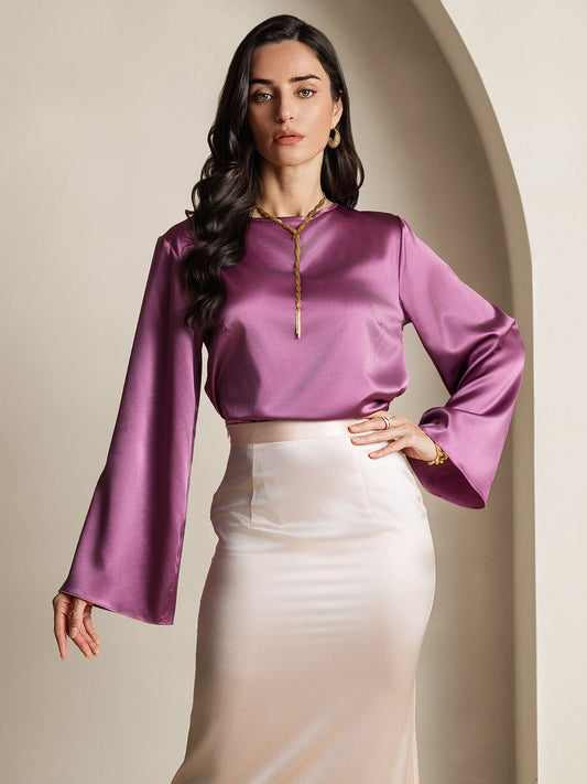 Luxe Dames Blouse Lange Mouw van 19Momme Zijde – Bruin en Donkerblauw, Perfecte Pasvorm-1