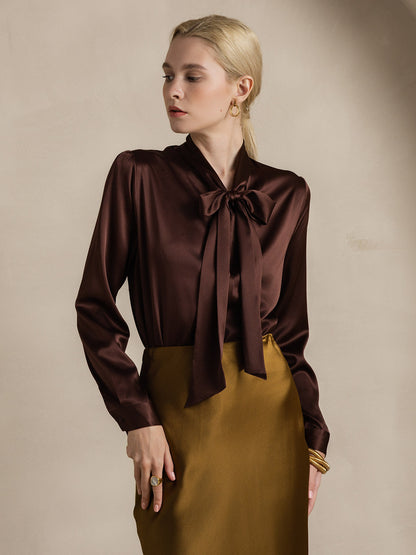 Variant image for Elegante Witte Blouse Dames van 19 Momme Zijden met Lange Mouwen – Chique Strikdetail voor Casual Gelegenheden-13