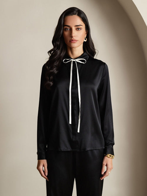 Elegante Lange Mouw Dames Blouse van 19 Momme Zijde | Zwart, Wit, Wijn - Comfortabele Pasvorm en Stijlvol Design-1