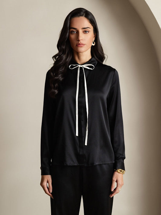 Elegante Lange Mouw Dames Blouse van 19 Momme Zijde | Zwart, Wit, Wijn - Comfortabele Pasvorm en Stijlvol Design-1