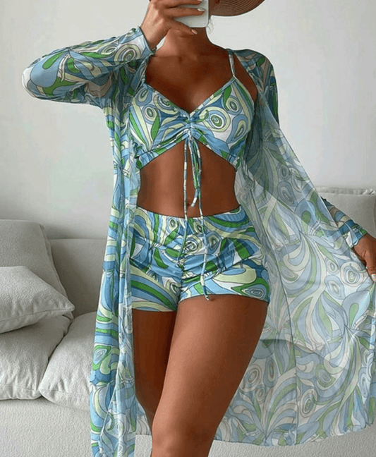 Verleidelijke 3-delige Bikini Set Dames met Lange Mouwen en Hoge Taille | Ultraflatteuze Zomeroutfit-1