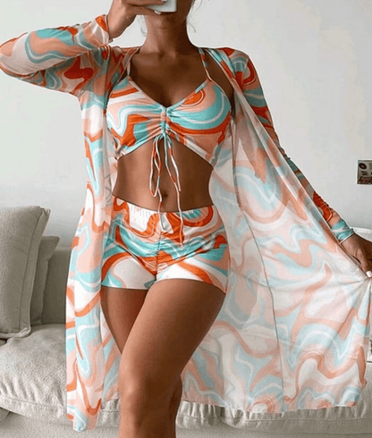 Verleidelijke 3-delige Bikini Set Dames met Lange Mouwen en Hoge Taille | Ultraflatteuze Zomeroutfit-2