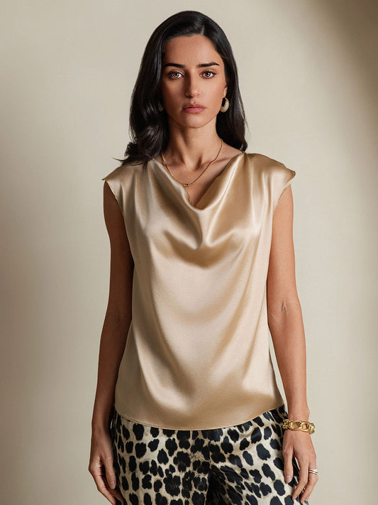 Elegante Groene Tanktop Dames van 19 Momme Zijde met Mouwtjes en Watervalhals | Luxe Comfort voor Elke Gelegenheid-1