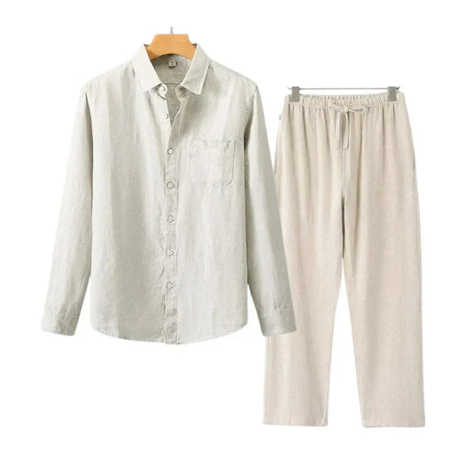Linnen Shirt en Broeken Set voor Mannen | Ademend, Lichtgewicht en Ontspannen Pasvorm voor Casual Stijl-1