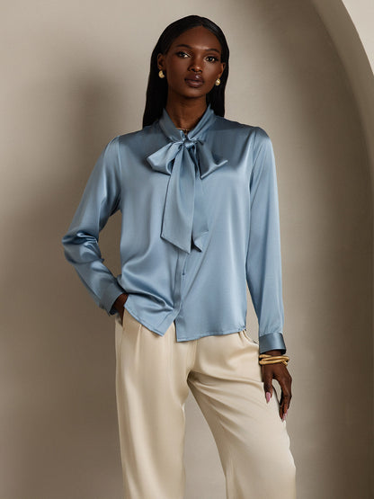 Elegante Witte Blouse Dames van 19 Momme Zijden met Lange Mouwen – Chique Strikdetail voor Casual Gelegenheden-5