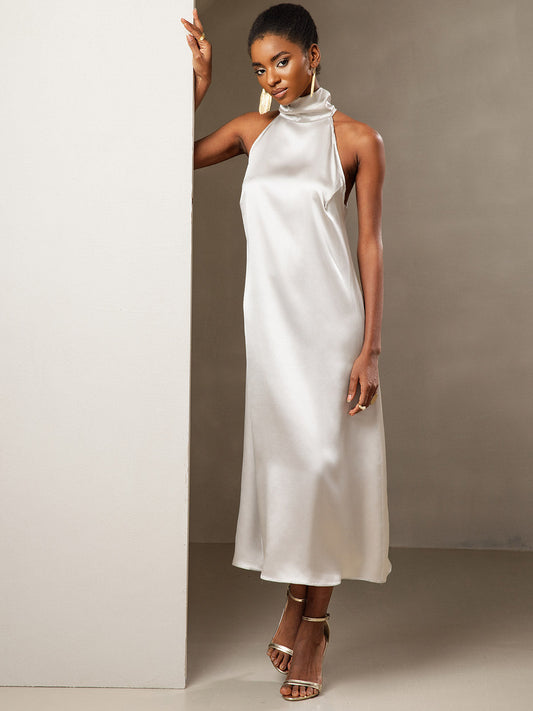 Chique Hoge Hals Rugloze Maxi Jurk Dames | Zwarte Lange Jurk van 19Momme Zijde voor Elegante Avonden-1