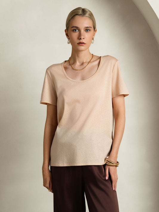 Luxe Zijdeblend Dames T-shirt met U-hals | Korte Mouwen in Diverse Kleuren voor Comfort en Elegantie-1