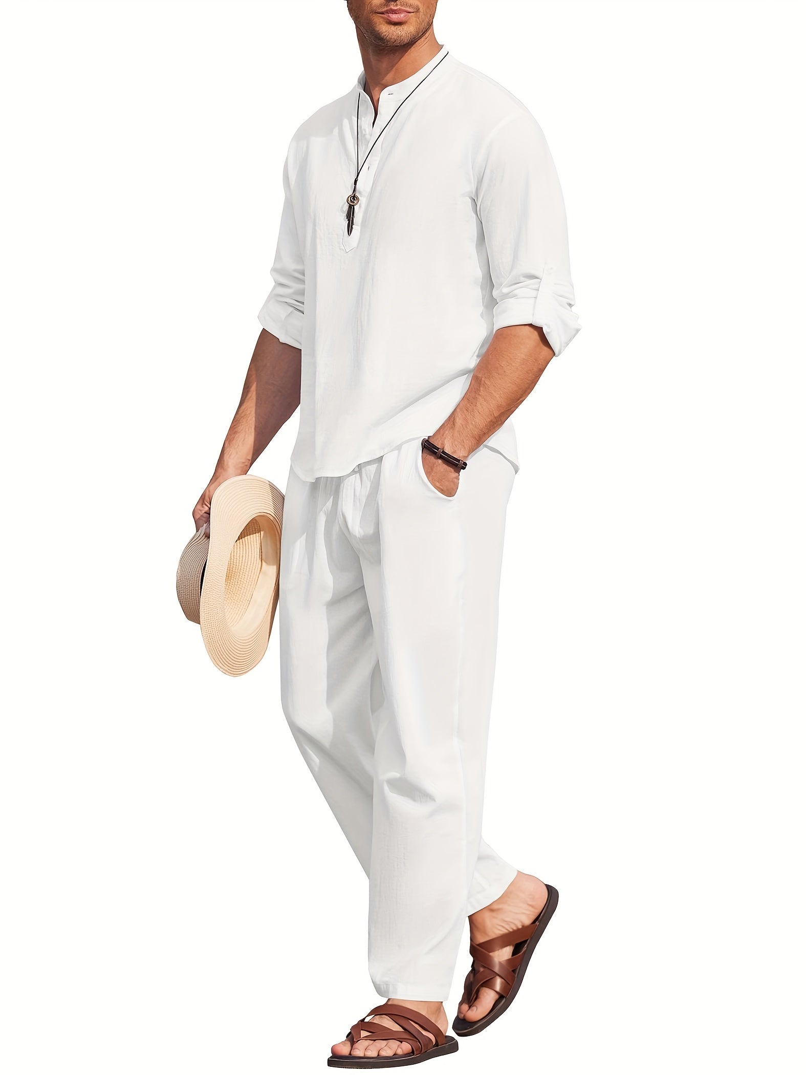 Variant image for Stijlvolle Heren Linnenset met Lange Mouwen en Ontspannen Broek | Ademend en Lichtgewicht voor Zomercomfort-1