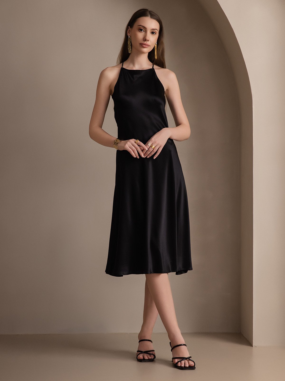 Variant image for Elegante 19Momme Zijde Spaghetti Draagband Jurk | Mouwloos, Strikdetail, Verkrijgbaar in Meerdere Kleuren - Jurken Dames-17