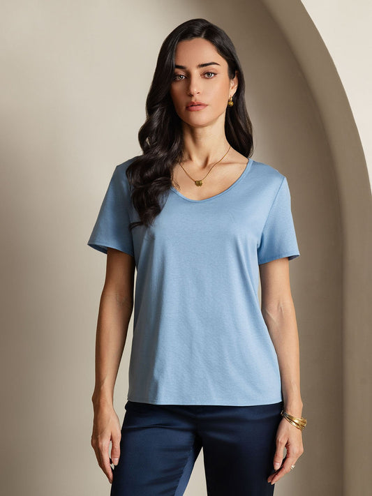 Elegante V-hals Dames T-shirt van Zijdeblend – Korte Mouwen in Diverse Kleuren | Stijlvolle Tops Dames voor Casual en Formele Gelegenheden-1