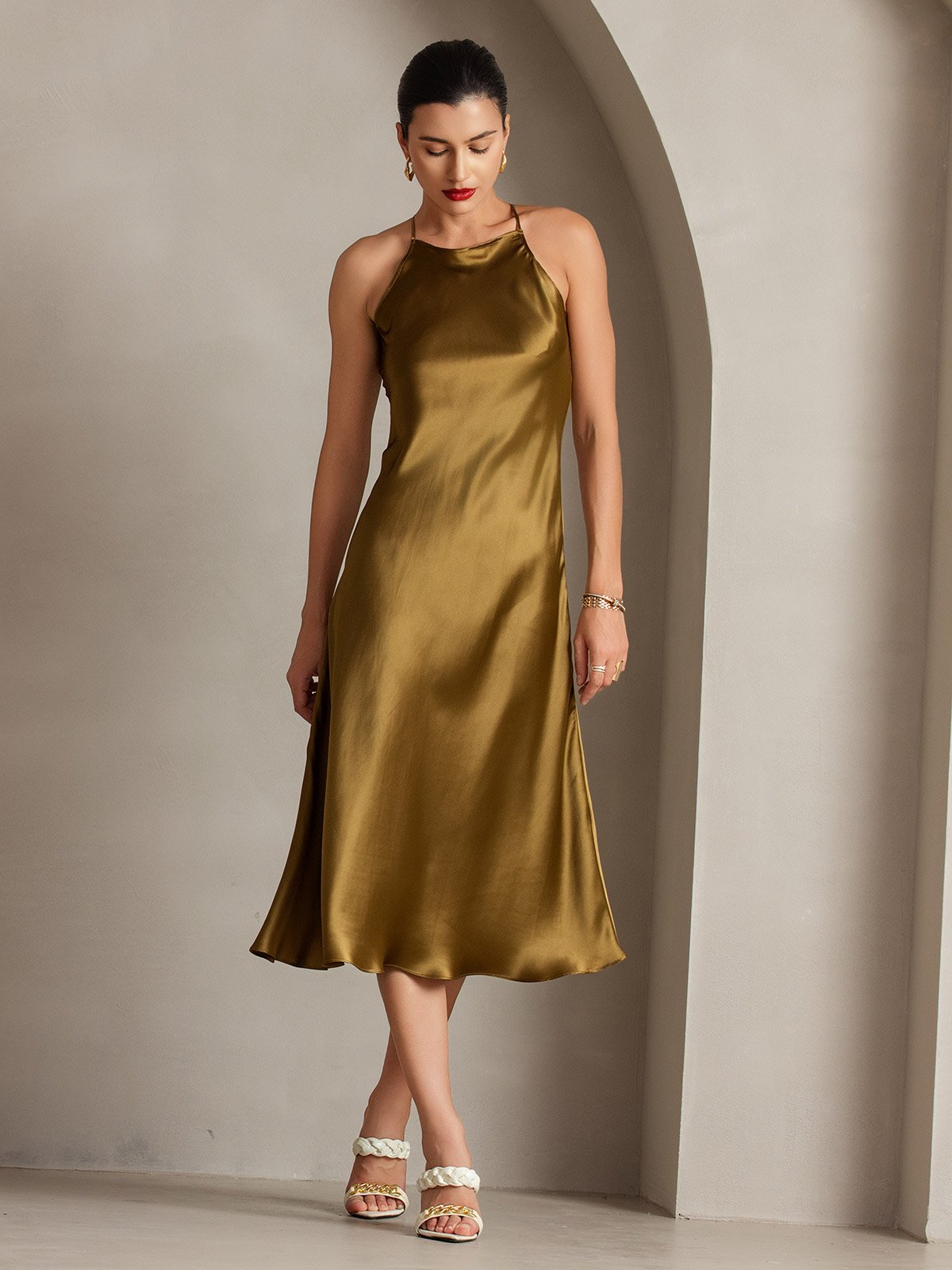 Variant image for Elegante 19Momme Zijde Spaghetti Draagband Jurk | Mouwloos, Strikdetail, Verkrijgbaar in Meerdere Kleuren - Jurken Dames-1