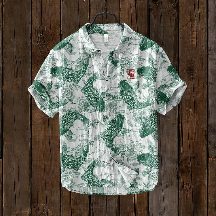 Variant image for Stijlvol Koi Fish Print Heren Shirt met Mandarijnkraag | Ademend Katoen-Linnenmix voor Lente/Zomer-35