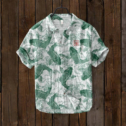 Variant image for Stijlvol Koi Fish Print Heren Shirt met Mandarijnkraag | Ademend Katoen-Linnenmix voor Lente/Zomer-35