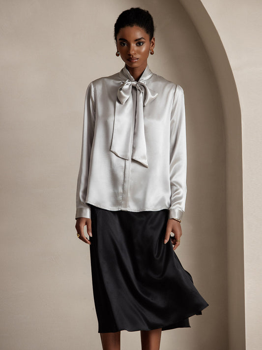 Elegante Witte Dames Blouse met Lange Mouwen van 19 Momme Zijden en Knoopdetail | Casual en Chic-1