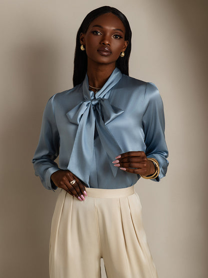 Elegante Witte Blouse Dames van 19 Momme Zijden met Lange Mouwen – Chique Strikdetail voor Casual Gelegenheden-4