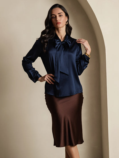 Variant image for Elegante Witte Blouse Dames van 19 Momme Zijden met Lange Mouwen – Chique Strikdetail voor Casual Gelegenheden-9