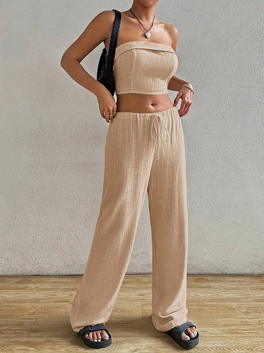 Chique Tweedelige Set Dames | Strapless Crop Top en Hoge Taille Brede Pantalon in Ademend Linnenmix-1