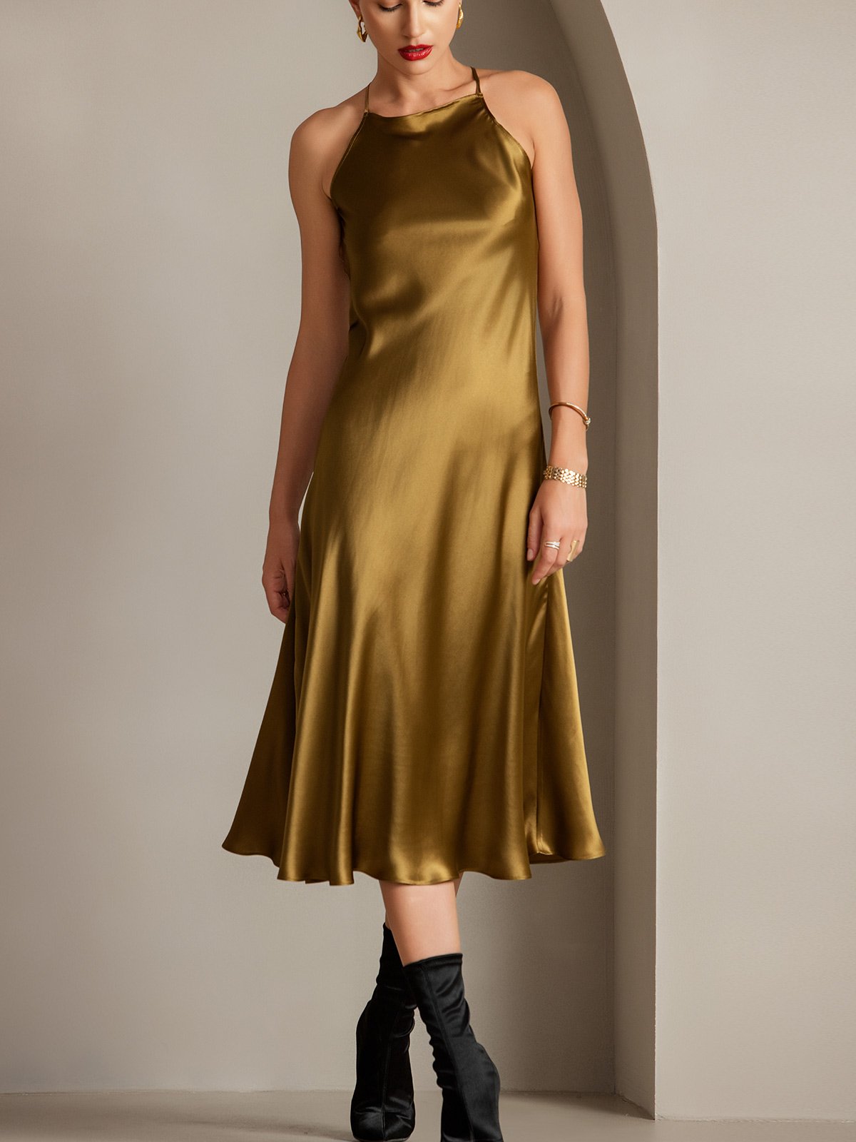 Elegante 19Momme Zijde Spaghetti Draagband Jurk | Mouwloos, Strikdetail, Verkrijgbaar in Meerdere Kleuren - Jurken Dames-6