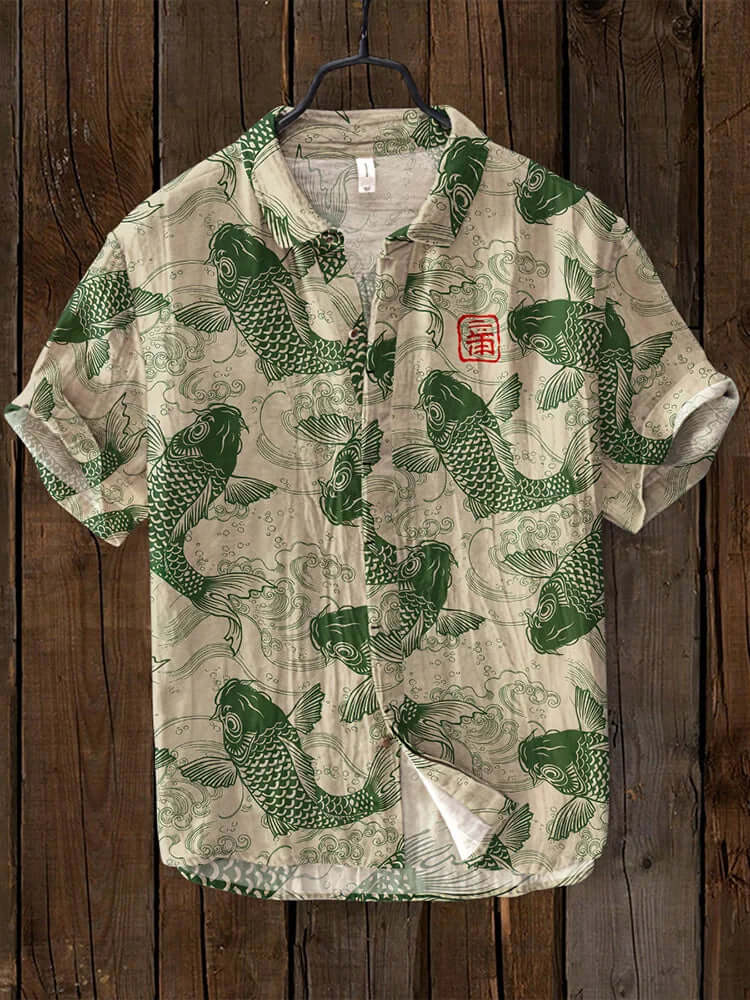Stijlvol Koi Fish Print Heren Shirt met Mandarijnkraag | Ademend Katoen-Linnenmix voor Lente/Zomer-2