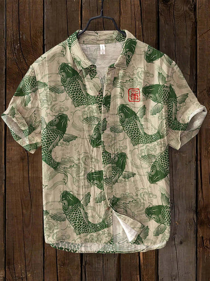Stijlvol Koi Fish Print Heren Shirt met Mandarijnkraag | Ademend Katoen-Linnenmix voor Lente/Zomer-2