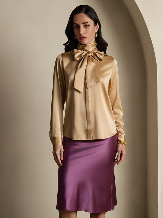 Elegante Zijde Blouse met Striknek voor Dames | Lange Mouwen in Wit en Donkerblauw-1